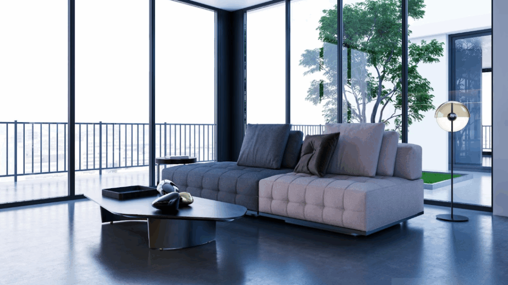 A sleek, modern apartment with beautiful natural light provided by slimline double glazed windows by Crystal Units